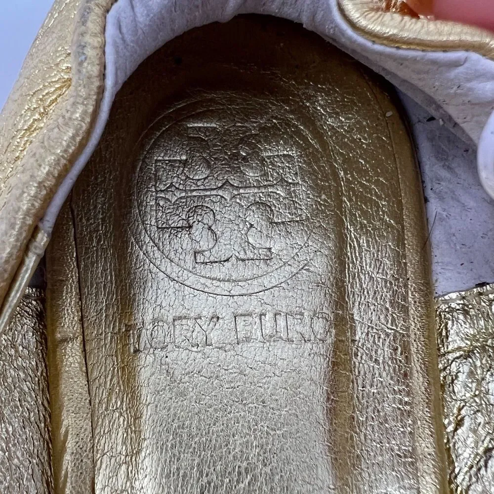 TORY BURCH Reva Gold Leather Flat Ballet Ballerina Shoes with T-Logo Women's 8.5